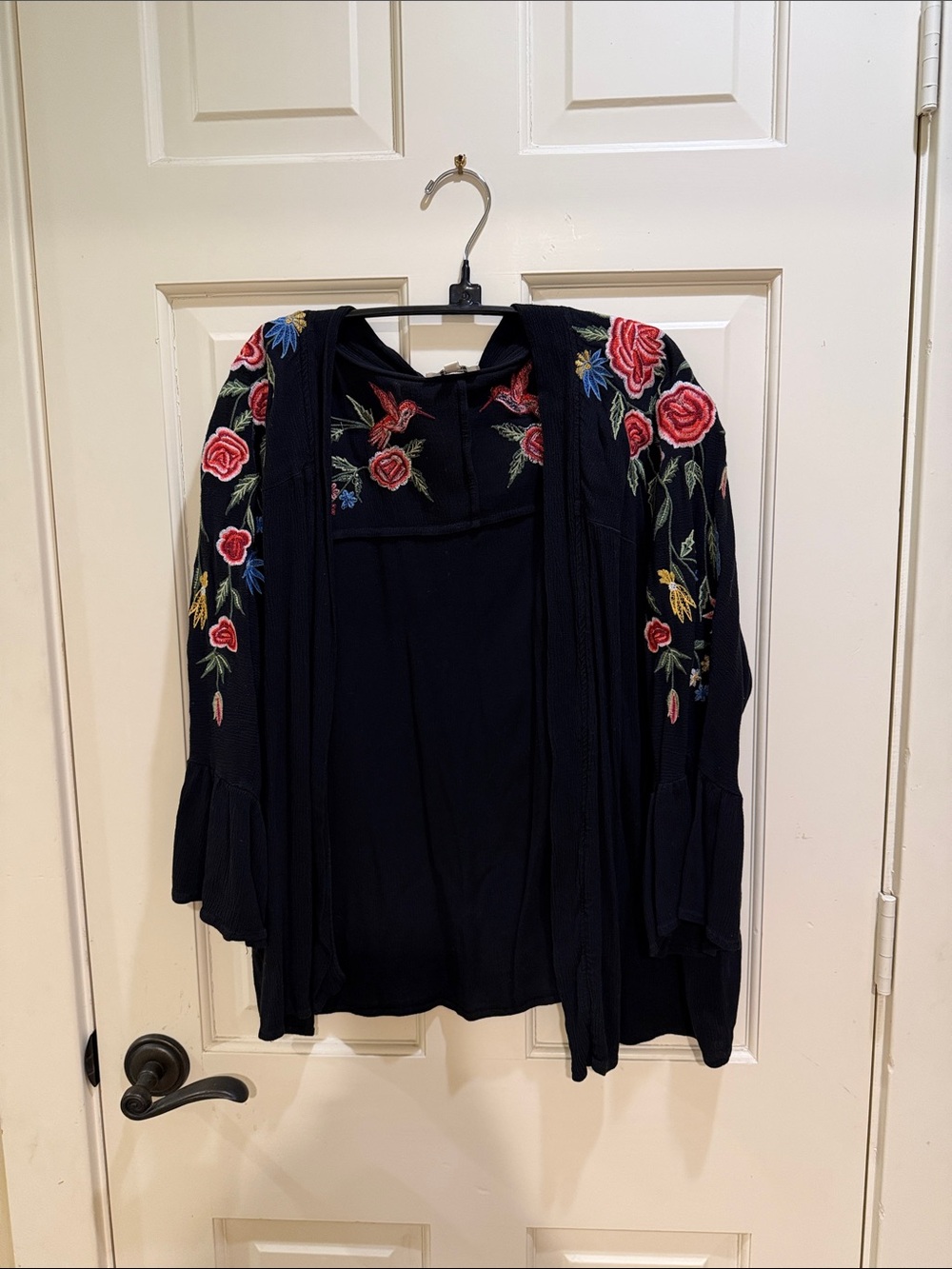 Umgee Black Open Cardigan with Multicolor Floral Embroidery